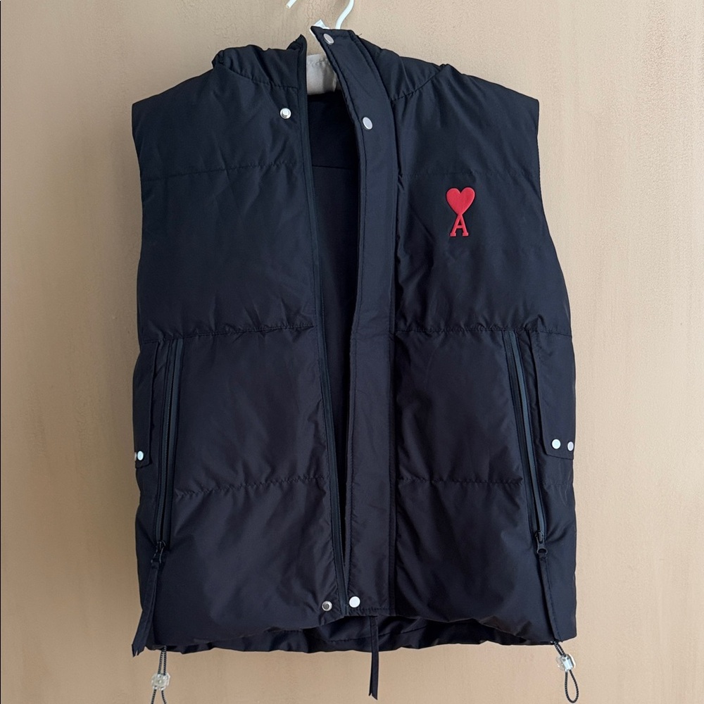 Black Puffer Vest with Red Heart Logo